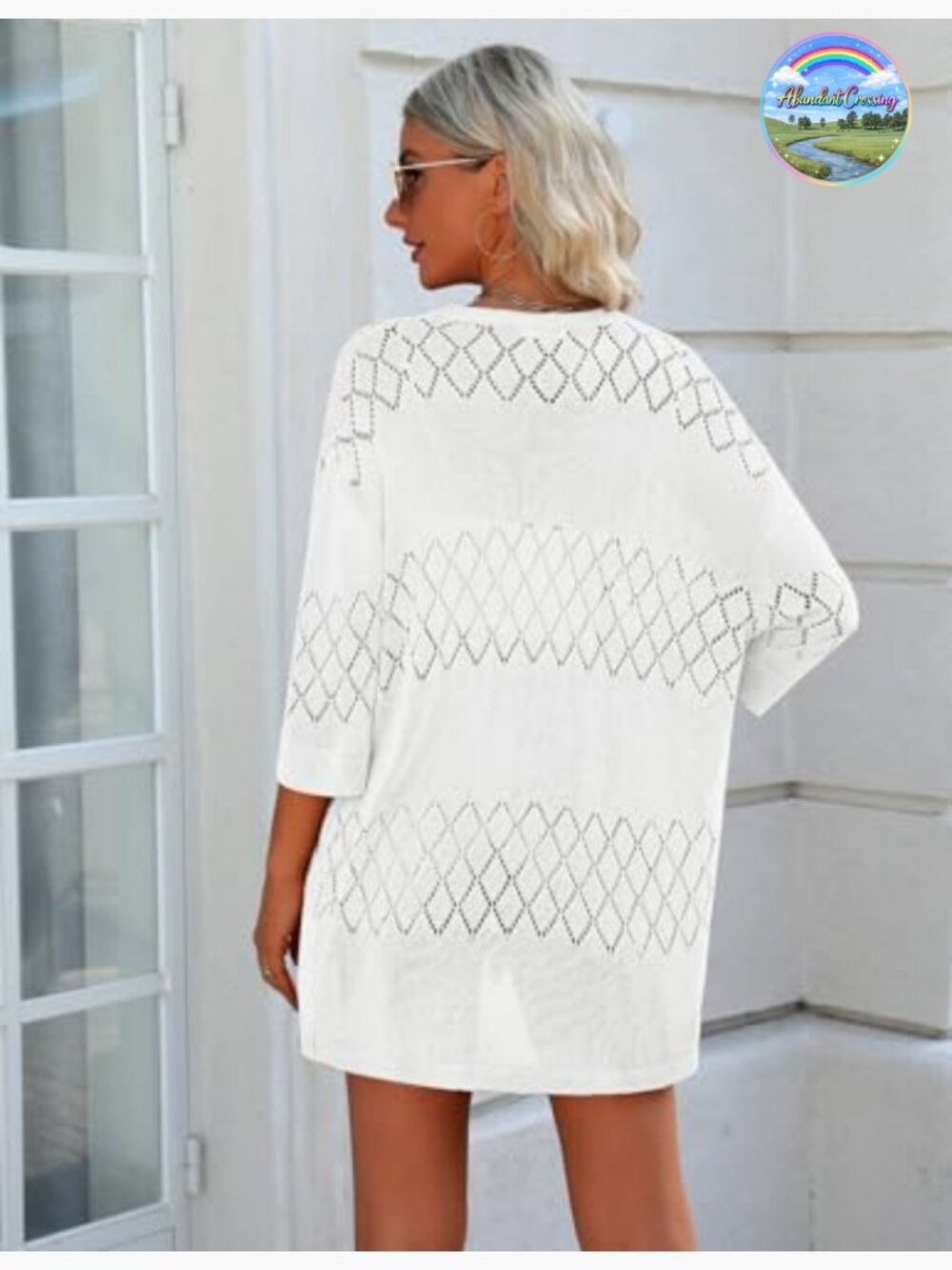 Lightweight Crochet Cardigan Sweater Open Front 3/4 Sleeve Boho Cover Up - Picture 3 of 7
